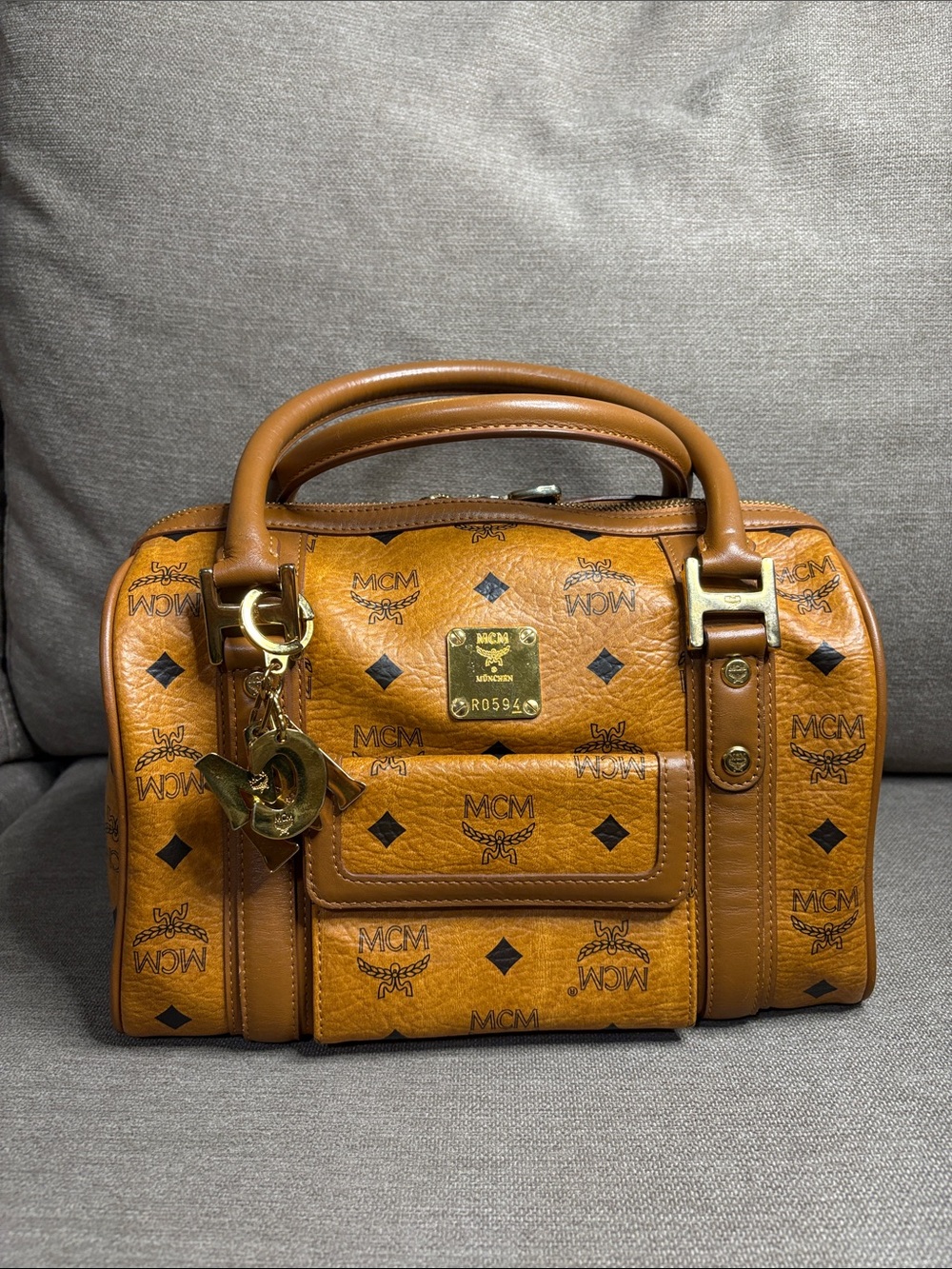 MCM Cognac Visetos Boston Bag with Charms — COA Included